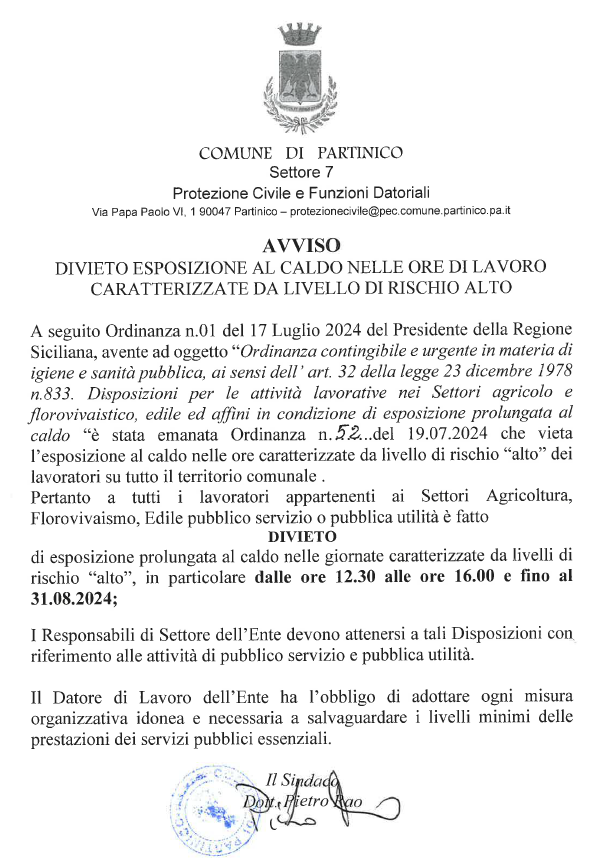 avviso esposizione al caldo ore di lavoro