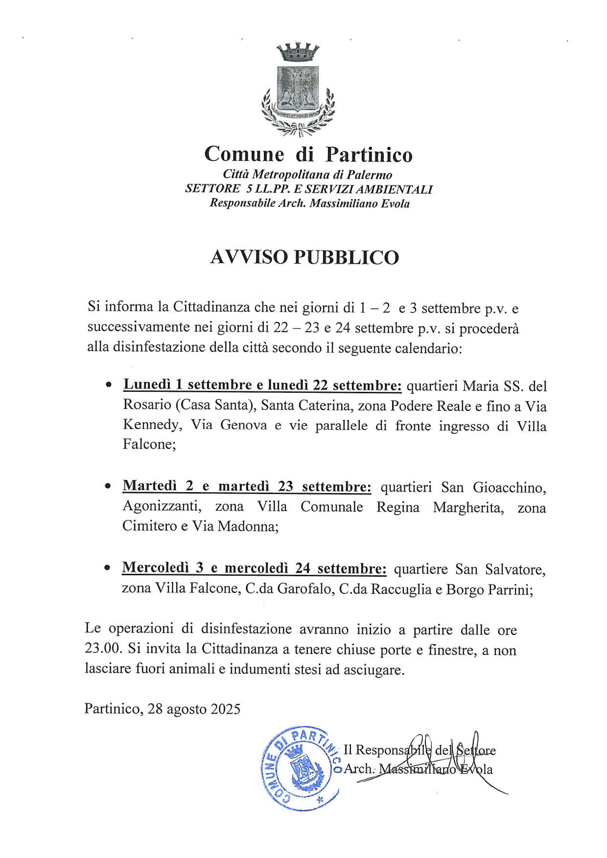 Avviso disinfestazione settembre 2025